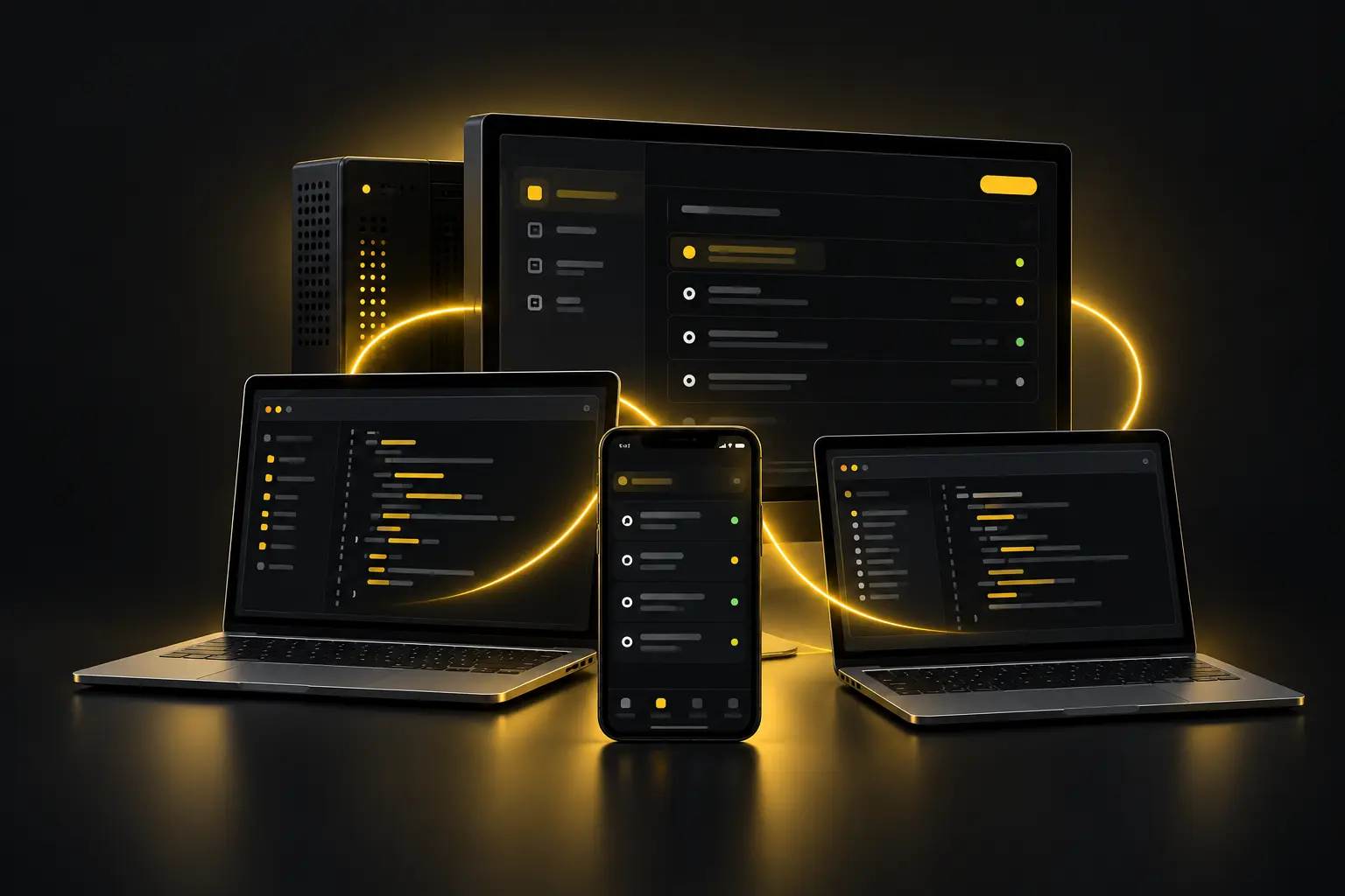 A server, desktop display, Mac, Windows laptop, and iPhone connected by warm yellow light paths